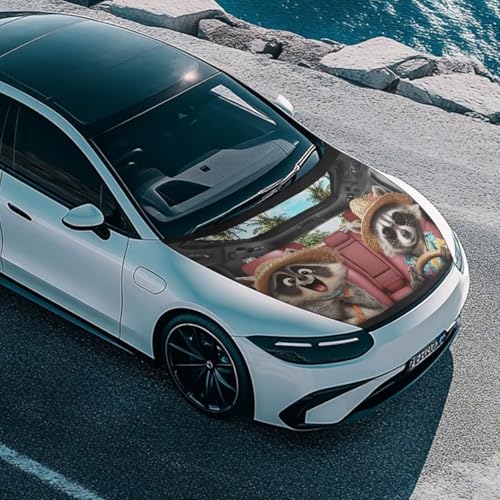 Image of Cute Small Raccoon Car Hood Cover Polyester Elastic Fabrics Washable Suitable for Large SUV and Pickup Trucks 39x59in