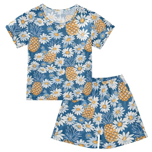 ALAZA Daisy Flowers Pineapples Blue Pajama Set Short Sleeve Sleepwear Soft Lounge Nightwear