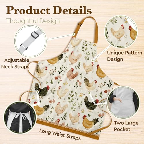 Farmhouse Chicken Apron Gift for Women,Hostess,Rustic Country Kitchen Apron with 2 Pockets Adjustable, Chicken Lover Apron for Cooking Baking Gardening, BIrthday Mothers Day Gift for Mom Grandma Wife - Image 3