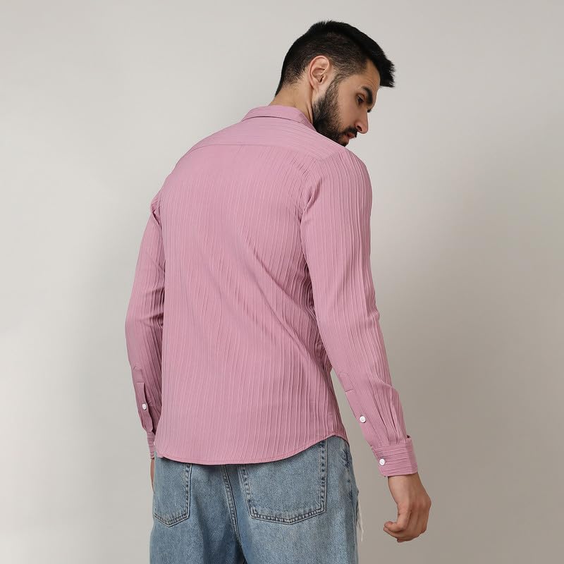 Image of CAHOOT Men's Self-Design Striped Shirt for Casual Wear | Spread Collar | Long Sleeve | Button Closure | Shirt Crafted with Comfort Fit for Everyday Wear