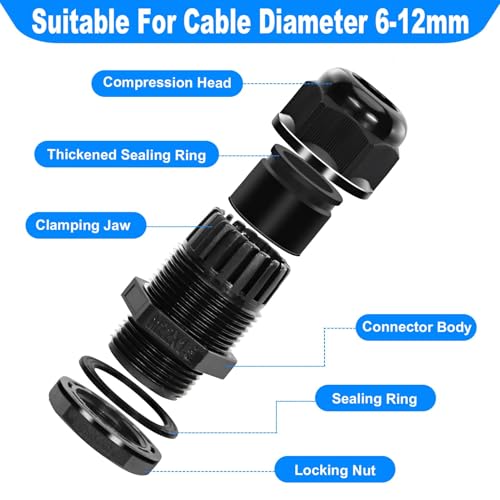 كيبل جلاند M20 20 ملم مقاوم للماء بتصنيف IP68 لمقاومة المياه والغبار، موصل سلك نايلون للكابلات بقطر 6-12 ملم، مع غدة ضغط قابلة للتعديل، حماية من الوصلات الكهربائية، 20 قطعة