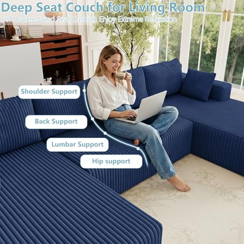 Image of 124 inch Boneless Cloud Sectional Couch Modular Sofa with Ottoman | Modern U-Shaped Couches, Comfy Corduroy Memory Foam Sofas with Oversized Chaise for Living Room (Blue, Left-Facing Chaise)