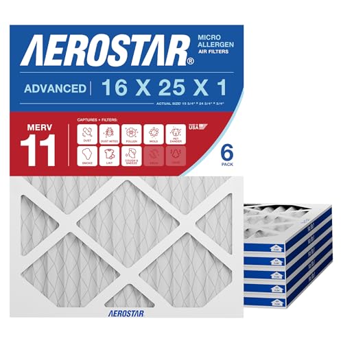 Aerostar 16x25x1 MERV 11 Air Filter, 6 Count, ACTUAL SIZE (15.75 x 24.75 x 0.75), HVAC, Air Conditioning & Furnace Filter for Dust, Pet Dander, Smoke & Allergies (MPR 1200 / FPR 7), Made in USA