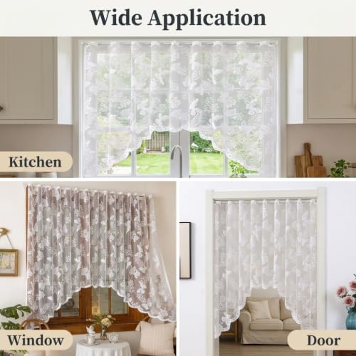 Image of HASTHIP White Lace Arched Sheer Curtain Floral Embroidered Valance