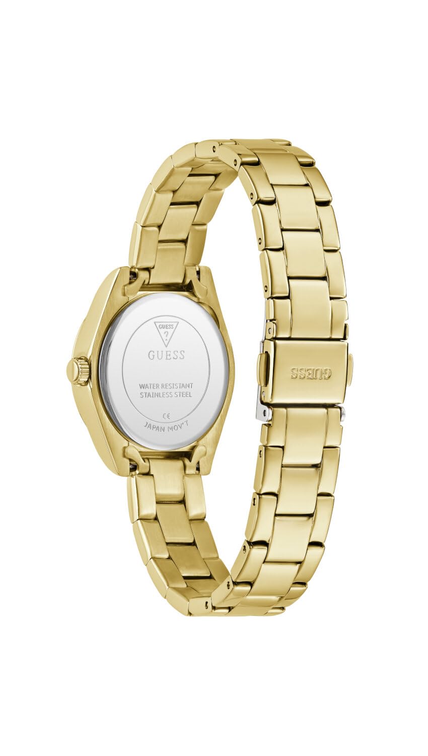GUESS Damen Armbanduhr MINI Luna mit Zirkonia, goldfarbenes Edelstahlarmband, Mineral Glas, türkisfarbenes Ziffernblatt, 3 Bar, Gehäusedurchmesser: 30 mm, GW0841L5