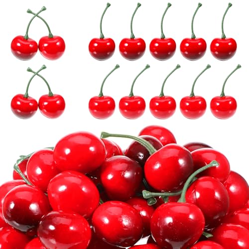 Trinkrittey 50pcs Fake Cherries Artificial Fruit Decorations Lifelike Fake Cherry Simulation Decor Model Red and Red Black Cherry Decor for Party Fruit Bowl Decors Home Kitchen Photography Prop