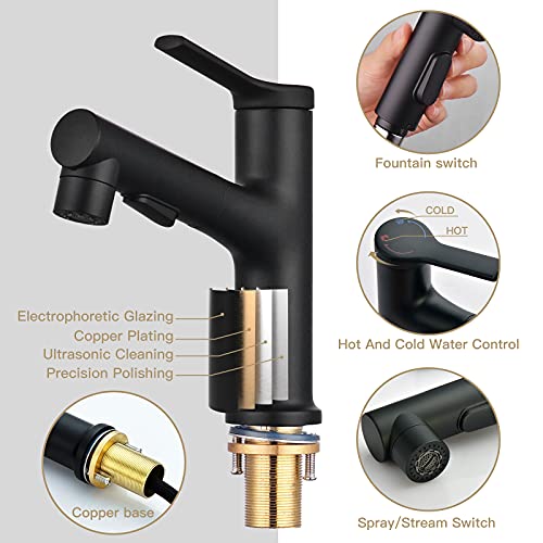 Jazzpuss Black Bathroom Faucet, Matte Black Bathroom Faucet with Pull Down Sprayer, Stainless Steel and Brass Bathroom Sink Faucet