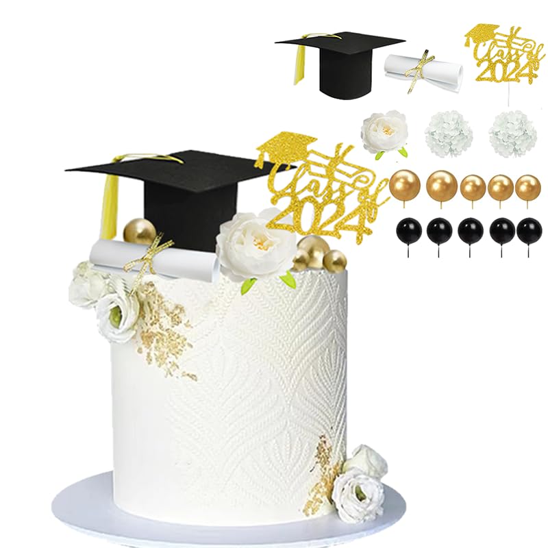 Graduation Cake Topper Flower Grad Hat Cake Topper Set Class of 2024 Cake Decor for Graduation Party