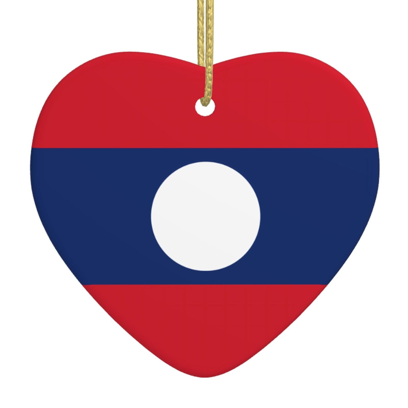Flag of Laos Ceramic Christmas Heart Pendant with Silk Thread, Christmas Tree Home Decoration