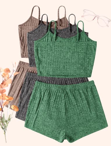 Image of Ekouaer 3 Sets for Women Ribbed Pajamas Crop Cami Top and Shorts Pjs Casual Sleeveless Button Lounge Set Sleepwear