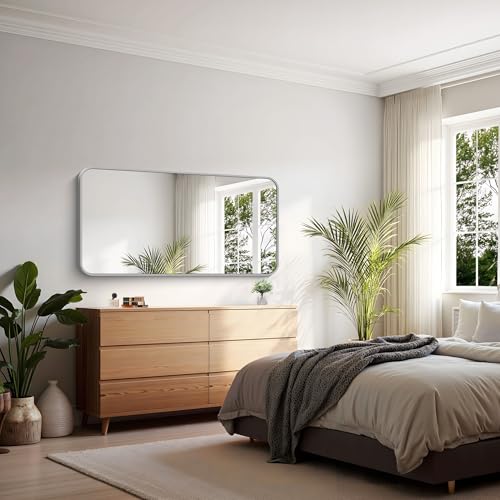 Image of KOCUUY Silver Bathroom Mirror, 24x48 Inch Bathroom Mirror for Over Sink, HD Tempered Glass, Anti-Rust Brushed Silver Frame, Rounded Corner Modern Design for Bathroom, Hang Horizontal /Vertical