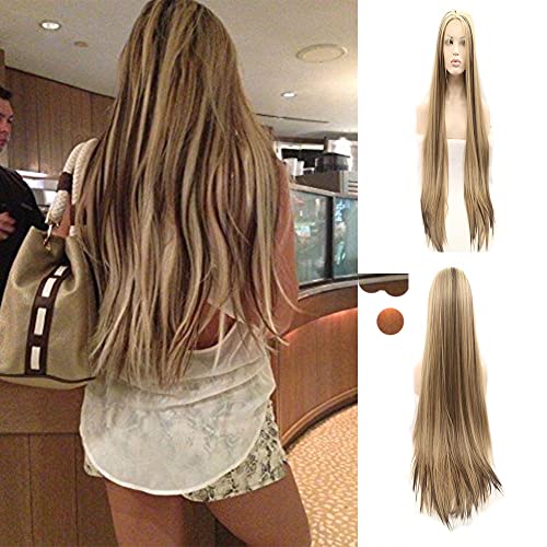 Perruque longue et lisse dentelle frontale cheveux synthétiques blond