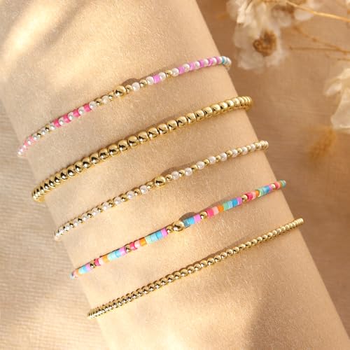 Gold Beaded Stack Bracelets Set for Women, 5Pcs Cute Boho Handmade Colorful Small Beaded Stackable Friendship Stretch Bracelets Prom Jewelry Gift.4