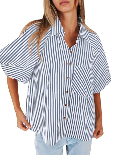 Image of Tankaneo Womens Short Puff Sleeve Button Down Shirts Striped Trendy Casual Loose Fit Blouse V Neck Collared Tops