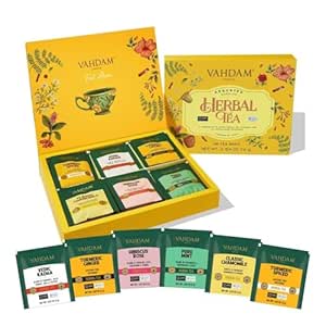 VAHDAM, Assorted Herbal Tea Variety Pck (6 Variants, 36 Tea Bags) Caffeine Free, Gluten Free, Non GMO | Eco Friendly Long Leaf Pyramid Tea Bags I Christmas Tea Gift Sets