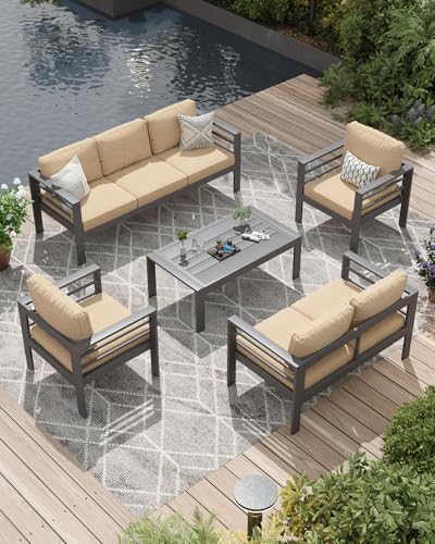 Image of AECOJOY Aluminum Patio Furniture Set, 7 Seats Modern Outdoor Furniture with Coffee Table, 5 Pieces Metal Conversation Sectional Sofa, Beige