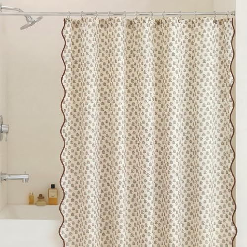 Mindsoft Begonia Toile Shower Curtain 72 x 72 Cotton Linen Brown and White Print Curved Edge Curtain with 12 Metal Hooks Waterproof Bath Decor for Kitchen 18th Century Style Bath Accessories