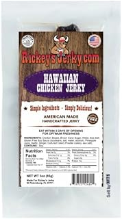 Rickey's Jerky, Chicken Jerky, All Natural Meat, High Protein snack, Keto Friendly, Gluten Free, Simple Ingredients, Non-GMO, beef jerky meat snack for back to school, post workout, hiking, camping, hunting, golfing, fishing, snack time, gym, lunch on the go, emergency food (Pack of 1, Hawaiian Chicken Jerky)