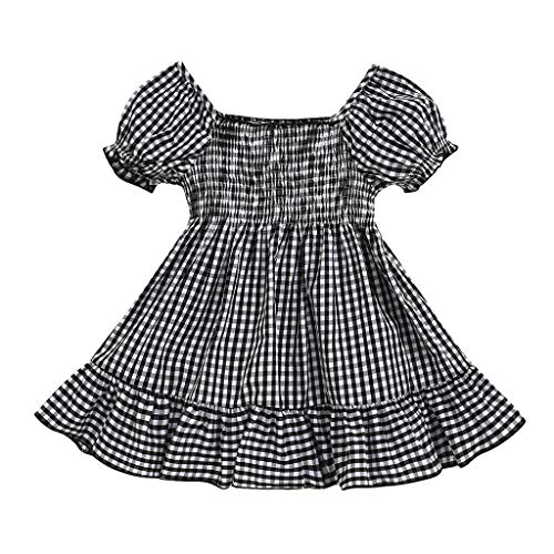 Kids Girls Fashion Dress Short Sleeve Fold Lattice Summer Dress Casual Black White Plaid Patchwork Ruffle Dress