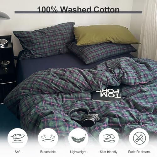 Image of EAVD Vintage Plaid Duvet Cover Full Pink Green Gingham Duvet Cover Set | Soft 100% Washed Cotton 3-Piece Reversible Plaid Bedding Set 1 Duvet Cover with 2 Pillowcases Zipper Closure Corner Ties