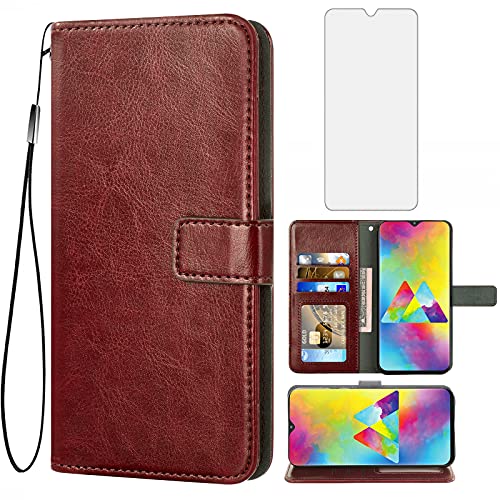 Étui pour Samsung Galaxy M20 : housse en cuir marron Asuwish avec protection d'écran en verre