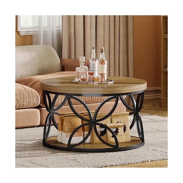 Tribesigns Table Basse Ronde avec Rangement 80 cm, Table Basse Industrielle à 2 Niveaux, Table de Salon Bois et Métal, Table Centrale pour Salon, Séjour, Appartement et Bureau (Marron Rustique)