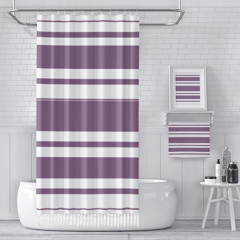 KIZAMI Rideau de Douche bohème 183 × 213 cm, Rideau de Douche à Pompons rayés, Rideau de Douche imperméable, Rideau de séparation Simple pour la décoration de la Salle de Bain de l'hôtel à la