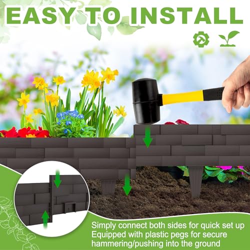 FIVMEN Rasenkante Kunststoff 5 m Steinimitatziegel Beeteinfassung Beetumrandung mit 10 cm Stifte Steinziegel Textur Imitiert beetbegrenzung Mähkante Palisade für Garten, Braun
