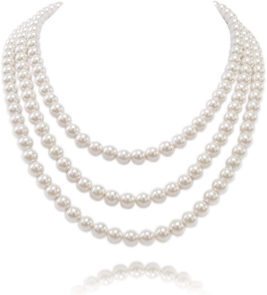 3 Strands 4mm Simulated Pearl Choker Chunky Bib Necklace 17 18 19 inch