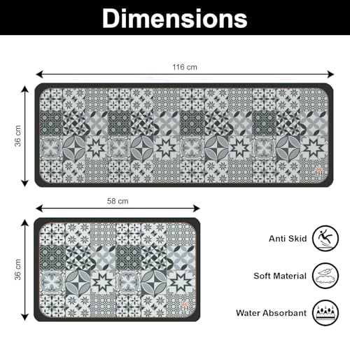 Image of Luxe Home Kitchen Mat Combo Geometric Design Standing Desk Floor Mat Non Slip Kitchen Rugs, Comfort Runner Floor for Home Office, Sink & Laundry - Grey (116x36 & 58x36 cm PC-2)