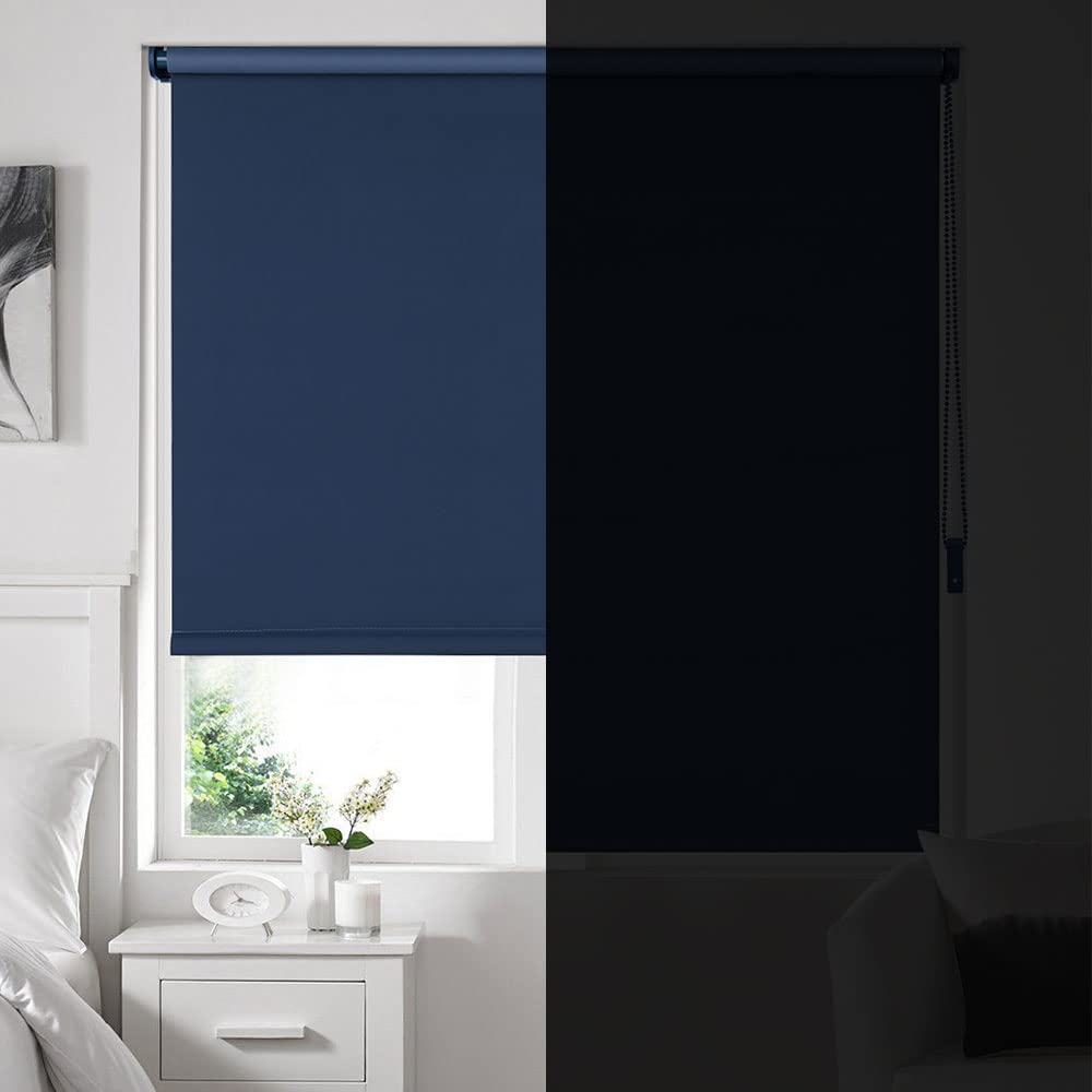 Eurohome Store enrouleur occultant thermique - 45 x 160 cm (largeur du tissu 41 cm) - Bleu foncé - Klemmfix sans perçage - Avec revêtement de la même couleur - Store à traction latérale - Oeko-TEX