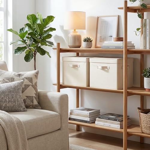 Image of StorageWorks Storage Bins with Lid, Decorative Fabric Storage Bins with Handles, Stackable Closet Organizers for Shelves and Bedroom, Large, Beige(Cotton Linen), 2-Pack