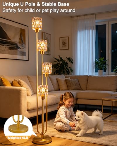 Image of Vintage 4-Light Amber Glass Floor Lamp, Dimmable Gold Standing Tall Lamp for Reading, Mid Century Modern Floor Lamp for Living Room Bedroom Home Office Corner Decor, Bulb Included