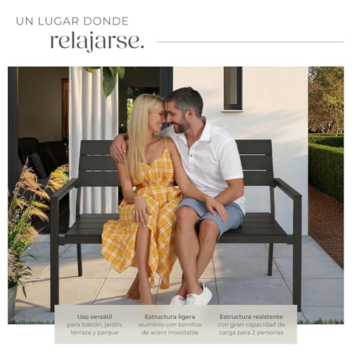 tectake® Banco de Jardín Moderno para Dos Personas, Estructura de Aluminio Resistente, Banco Jardin, Asiento de Poliestireno Efecto Madera, Ideal para Patio y Terraza Exterior - Oscuro - imagen 5