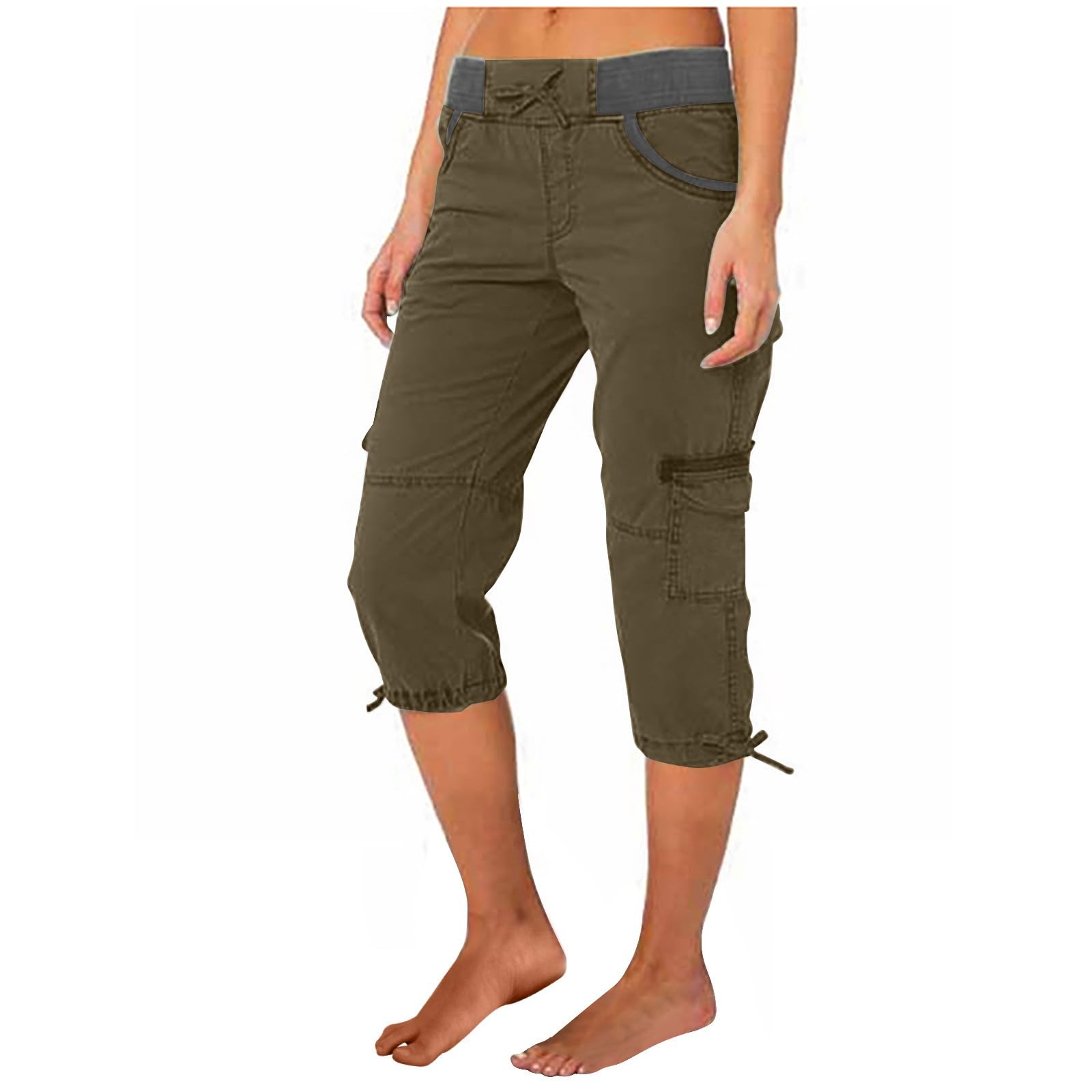 Womens High Waisted Stretchy Mid-Calf Hiking Cargo Shorts Below Knee 3/4 Length Cotton Linen Capris Shorts Outdoor Combat Casual Work Utility Safety Trousers with Pockets
