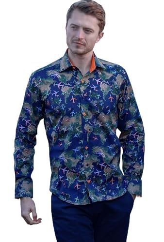 Claudio Lugli Men's Navy Flight Map Satin Cotton Printed Shirt-Large