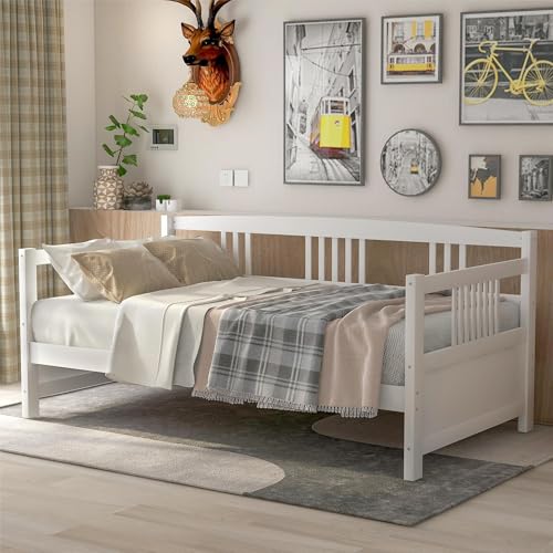Merax Wood Twin Daybed, Wooden Sofa Bed Guest Bed with Rails & Wood Slat Support, Dual-use Twin Size Platform Bed Frame for Living Room Bedroom, No Box Spring Needed, White