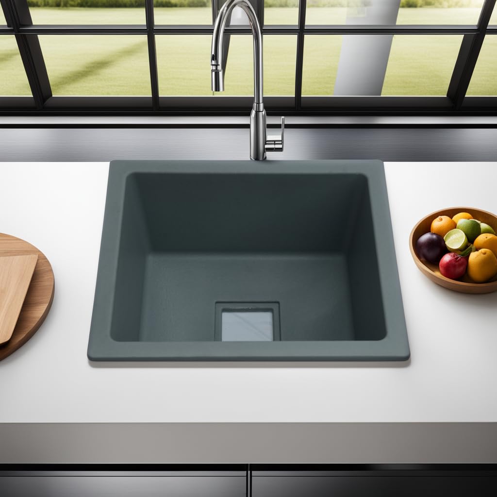 REMANENCE Granite Quartz Single Bowl Kitchen Sink With Drain Board, Drain Rack and PVC Waste Pipe-Flushmount/Undermount/Top Mounted Kitchen Sink (Grey, 16 x 18 x 9 Inches)
