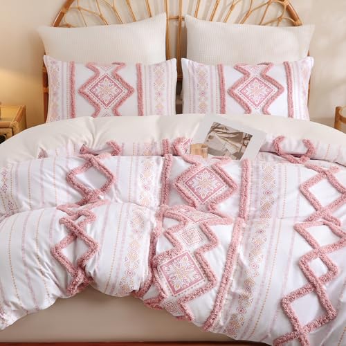 Image of Herside 100% Cotton Boho Duvet Cover Set King Size,Shabby Chic Aztec Western Pink Tufted Bedding,Farmhouse Luxury 3 Piece Textured Quilt Duvet Set for All Season Home Decor