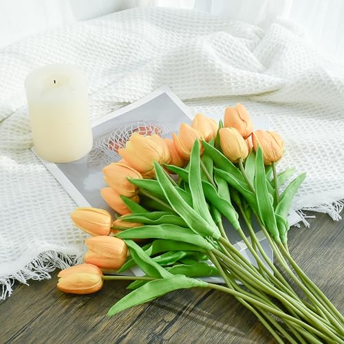 Image of ONLY ART Artificial Gold Tulips 20 Pcs - 13.5 Inch PU Faux Flowers with Bendable Stems for Home Decor, Wedding Centerpieces, DIY Floral Arrangements, New Year and Valentine's Day