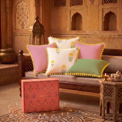 Image of Urban Space Festive Gift Set - Set of 5 Decorative Cushion Covers with Pom Pom, 16 x 16 Inch, Living Room & Sofa Cushion Covers, Home Decor Gift Set for Diwali, Housewarming & Festive Gifting (CC4)