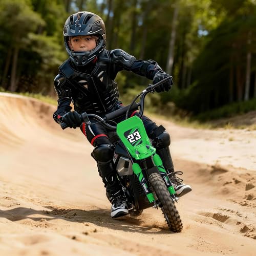 Hikiddo 24V 10Ah Electric Dirt Bike, 350W Electric Motorcycle for Kids Ages 6+, 150Lbs Load Capacity, Bluetooth - Green - Additional View