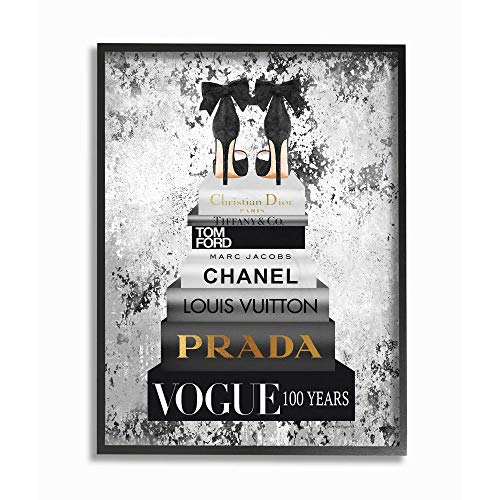 Stupell Industries Fashion Designer Shoes Bookstack Black and White Watercolor Framed Wall Art, Multi-Color