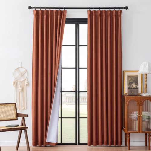 Image of MYSKY HOME Terracotta Pinch Pleated 100% Blackout Curtains 90 inches Long for Bedroom Living Room Linen Textured Double Layer Black Out Window Pinch Pleat Drapes, 40 inch Wide per Panel, 2 Pcs