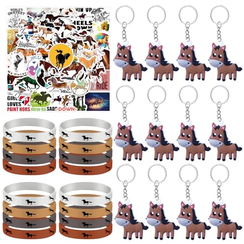 74 Regalos de Cumpleaños Infantiles con 12 Pulseras de Silicona de Caballos, 12 Llaveros de Caballos y 50 Pegatinas de Caballos