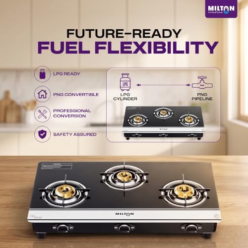 Image of Milton Manual Ignition 3 Burners Gas Stove | 6mm Toughened Glass Top | ISI Certified | | 360 Sabaf Valve | Modern Premium Design | 1 Year Manufacturer's Warranty -Black