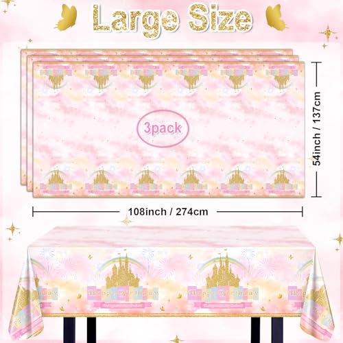 Image of Avezano 3 Pcs Princess Castle Tablecloth Rainbow Princess Birthday Table Cloth for Girls Women Birthday Party Decorations 108 x 54 Inch