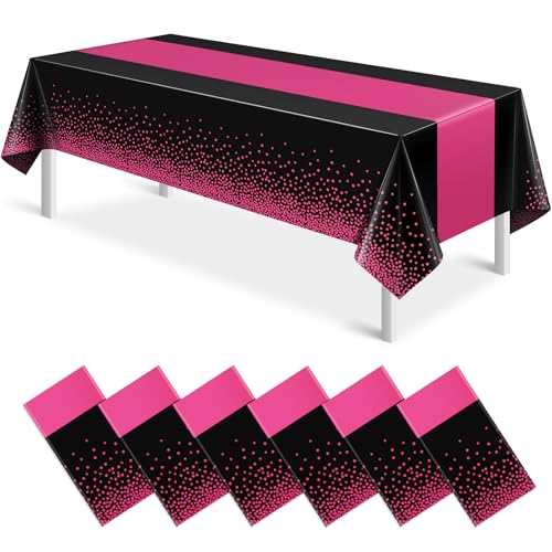 Image of 6Pcs Black Hot Pink Tablecloth Party Decorations,Plastic Black Table Cloth Printed Hot Pink Table Runner Disposable Rectangle Cover for Birthday Wedding Anniversary Graduation Party,54x108 Inch