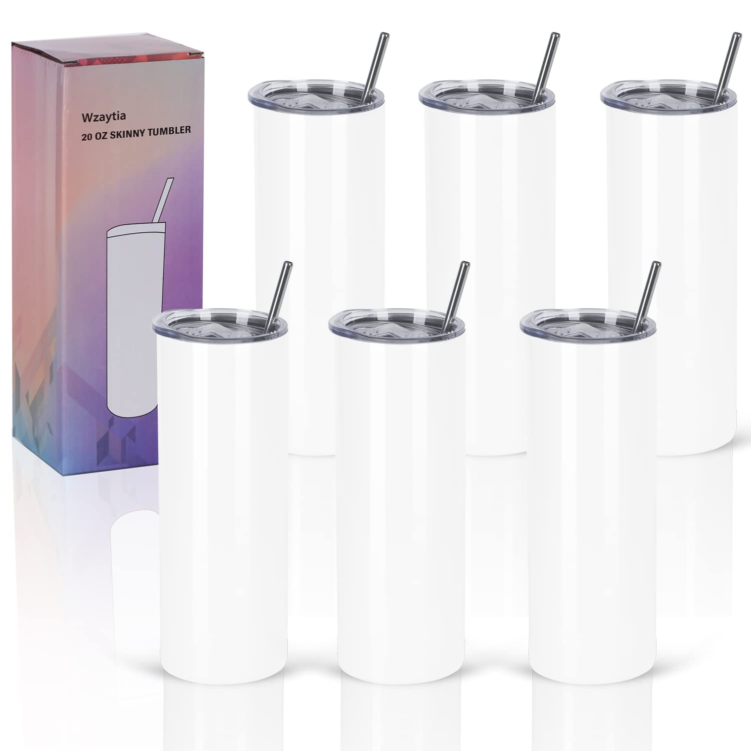 6 Pack 20 Oz Straight Skinny Tumblers,Individually Gift Boxed Stainless Steel Slim Skinny Tumbler Set Bulk, 20 Oz Insulated Slim Thin Travel Tumbler Cup for Diy, White