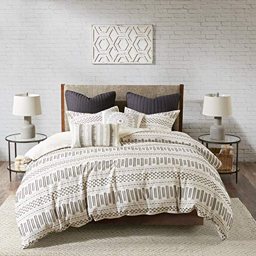 Image of INK+IVY Rhea 100% Cotton Duvet Set Mid Century Modern Boho Design, All Season Comforter Cover Bedding Set, Matching Shams, Full /Queen, Geometric Clipped Jacquard Ivory 3 Piece